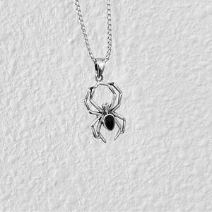 Sterling Silver Spider Necklace with Onyx, Bug Necklaces, Insects, Spiderweb